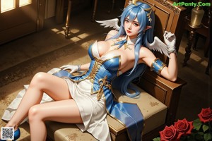 A woman in a blue and white dress sitting on a chair.
