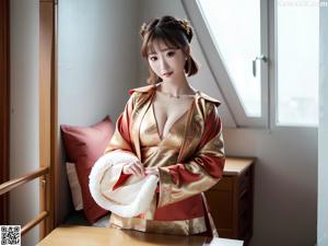 A woman in a red and gold kimono sitting on a bed.