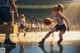 A group of young girls playing basketball on a court.